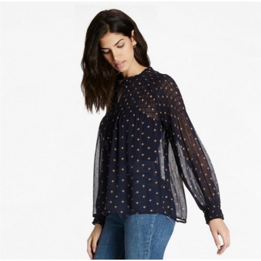 Lucky Brand Sheer Top Blouse Black With Gold Embroidered Pattern